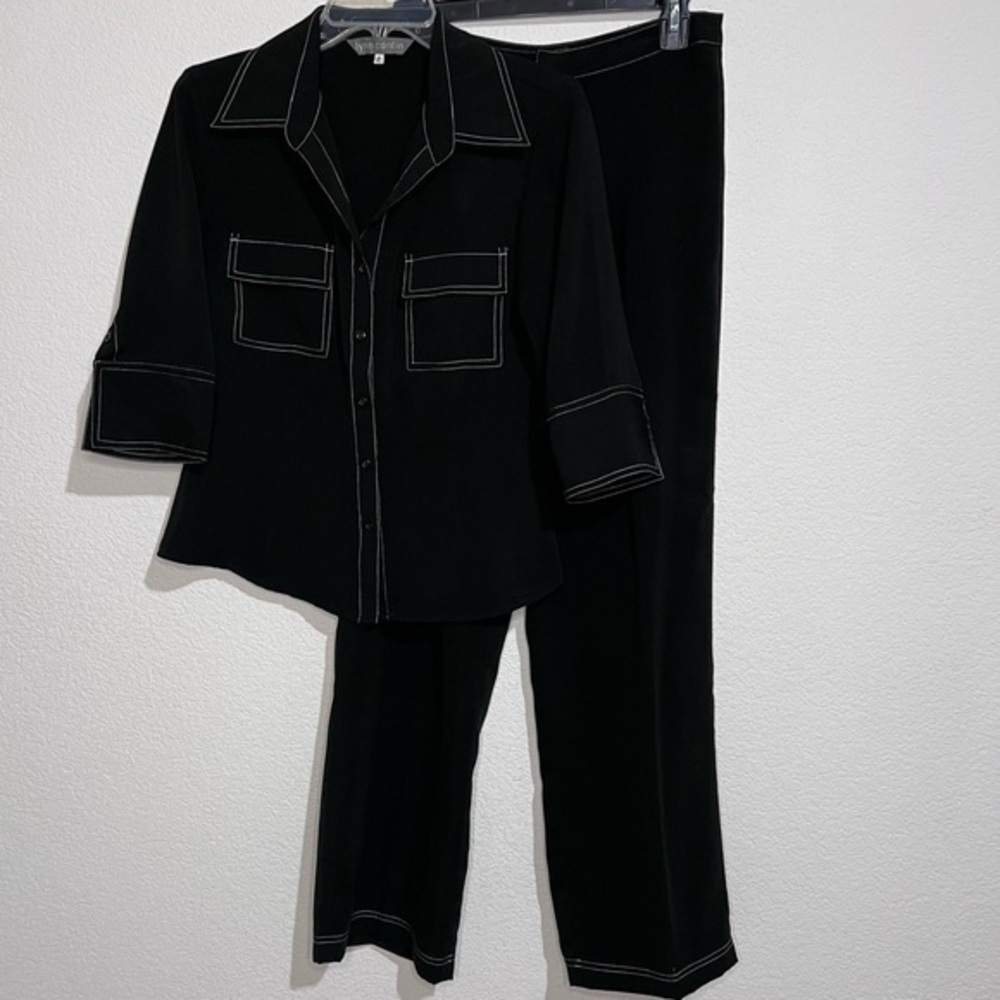 Lynn Cantin Black White Contrast Stitching 2 Piece Pant Suit Size 8